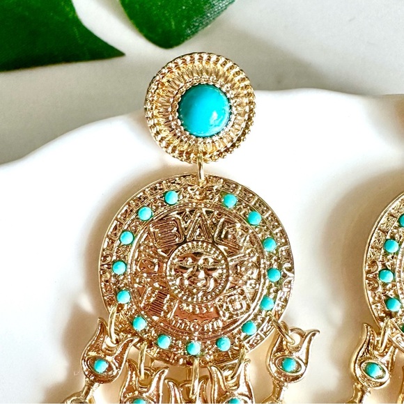 2/$30🌵 Blue Stone Gold Pharoah Egyptian Earrings Tribal Jewelry Gift Boho NEW - Picture 3 of 12